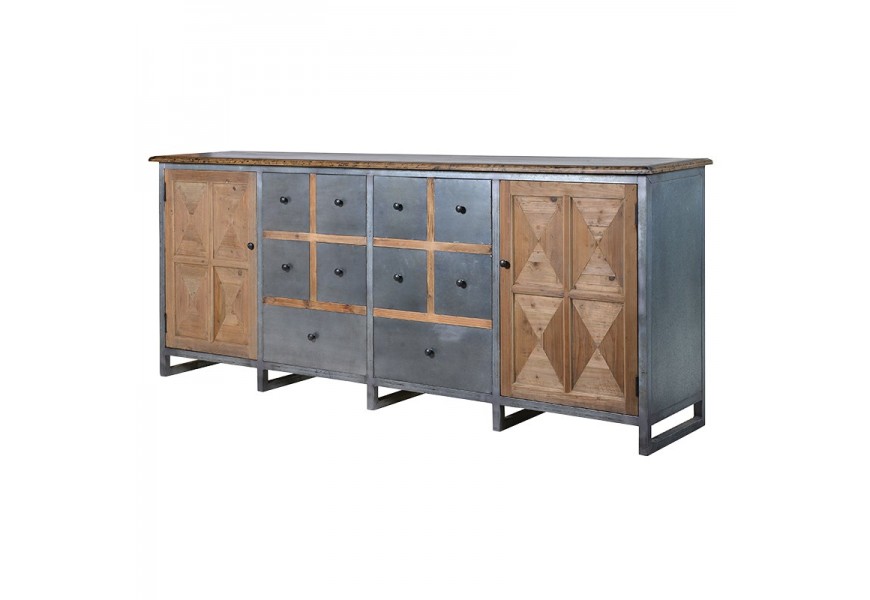 Industriálny príborník z kovu so strieborným zinkovým povrchom a z brestového dreva široký 2 metre