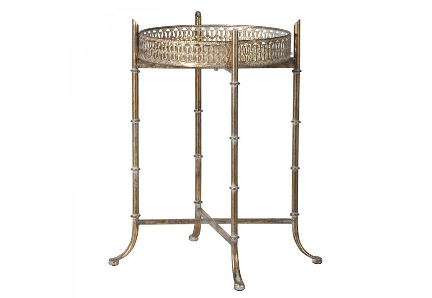 Luxusný kovový okrúhly príručný stolík Sybille z kovu  antickej zlatej farby na nožičkách v orientálnom prevedení