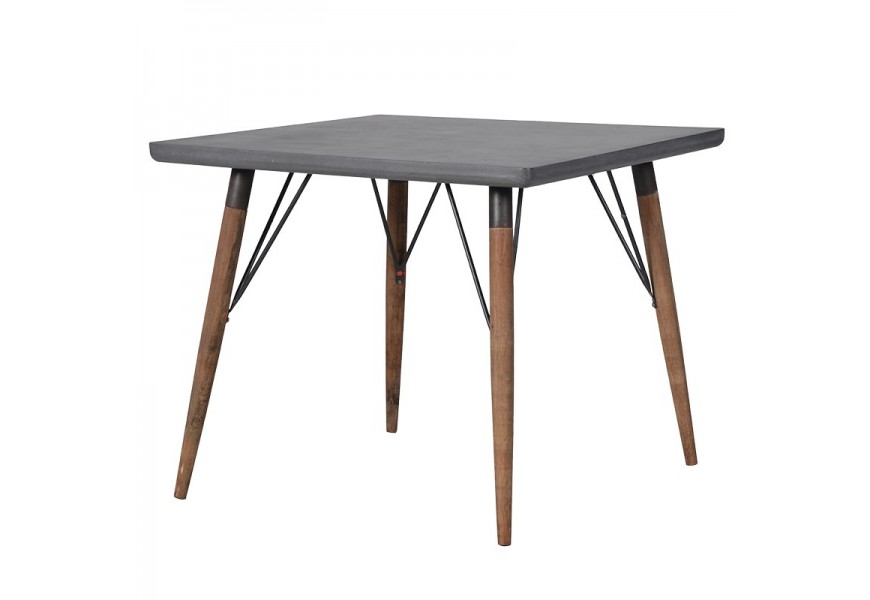 Štýlový industriálny jedálenský stôl Ontario štvorcového tvaru so sivou povrchovou doskou a hnedými nohami z masívu