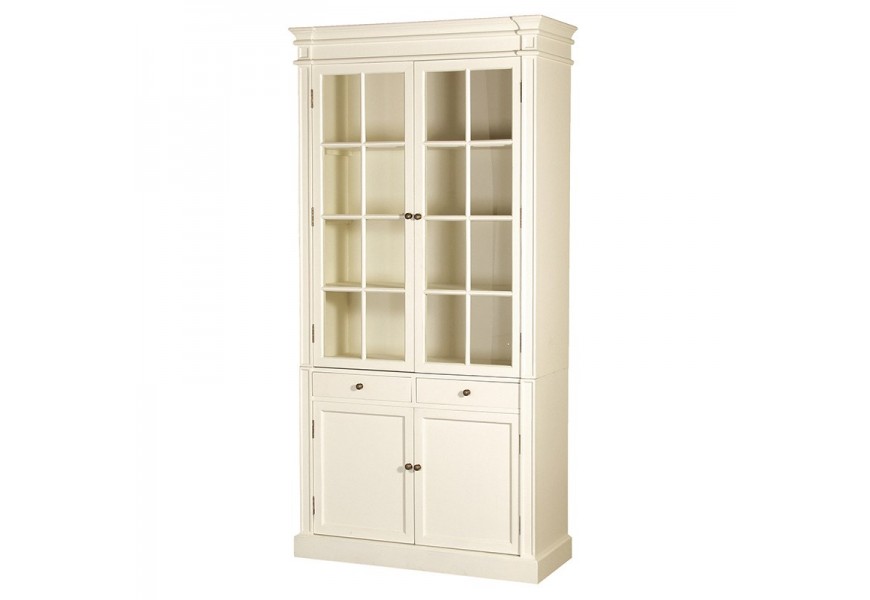 Biela vysoká presklená vidiecka vitrína Cream Fayence s provensálskym nádychom so zásuvkami a krídlovými dvierkami