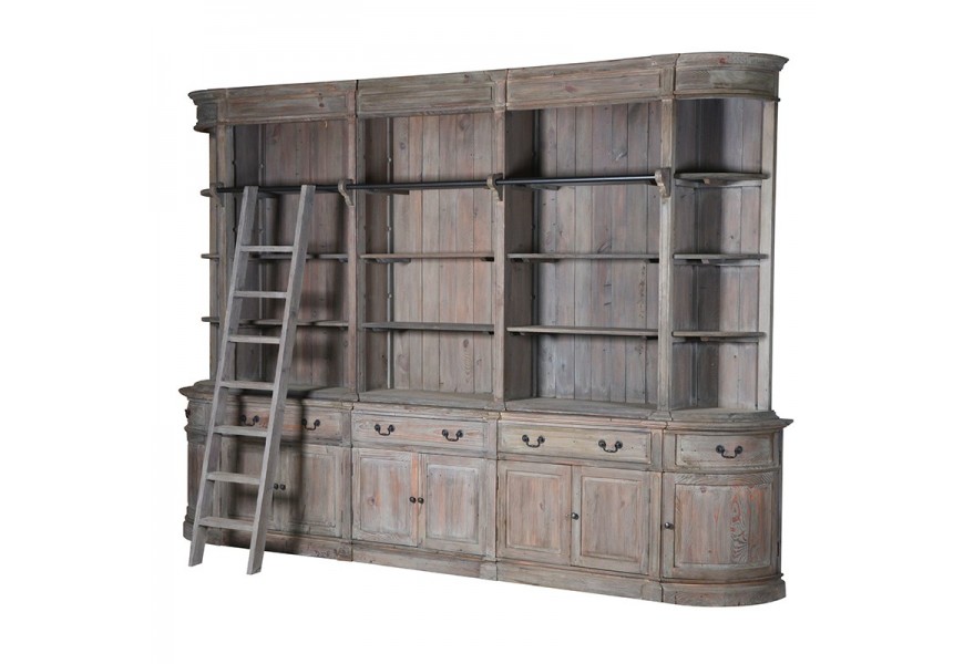 Štýlová masívna vintage knižnica Denver II s rebríkom 352cm