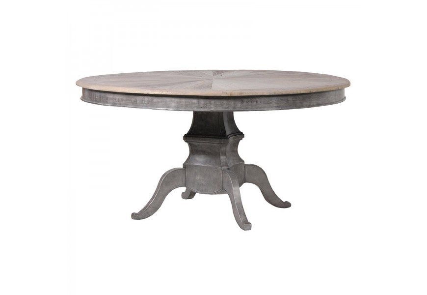 Masívny okrúhly jedálenský stôl Bradenton z brestového dreva v sivej farby s vyrezávanými nohami 150cm