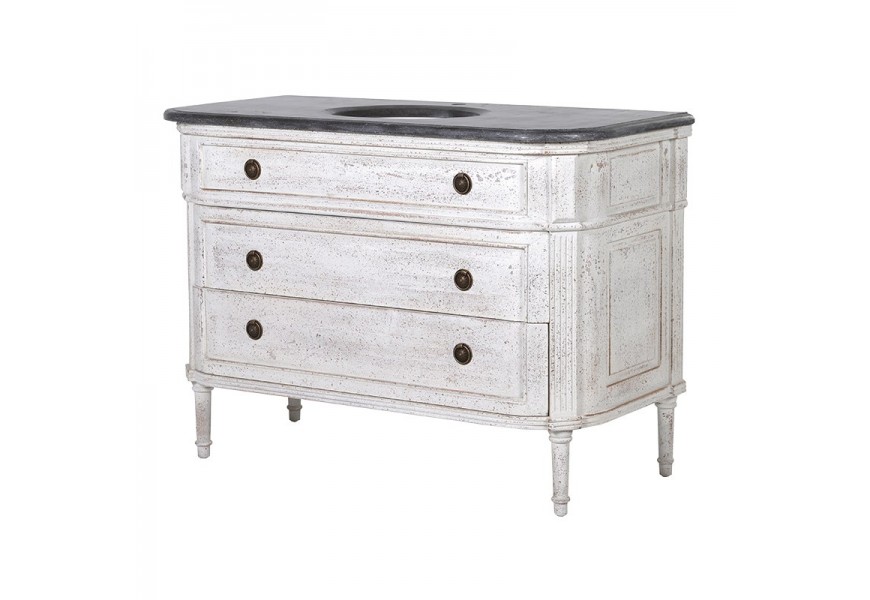 Vintage masívna kúpeľňová skrinka s umývadlom Sanford bielej farby  s tromi zásuvkami a vyrezávanými nohami