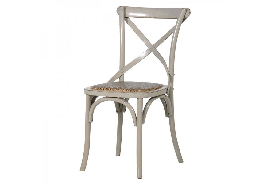 Štýlová vidiecka jedálenská stolička Country z masívneho brestového dreva v sivej farbe s kovovou výstuhou a hnedým vypletaným sedákom so vzorom rybej kosti z prírodného vlákna