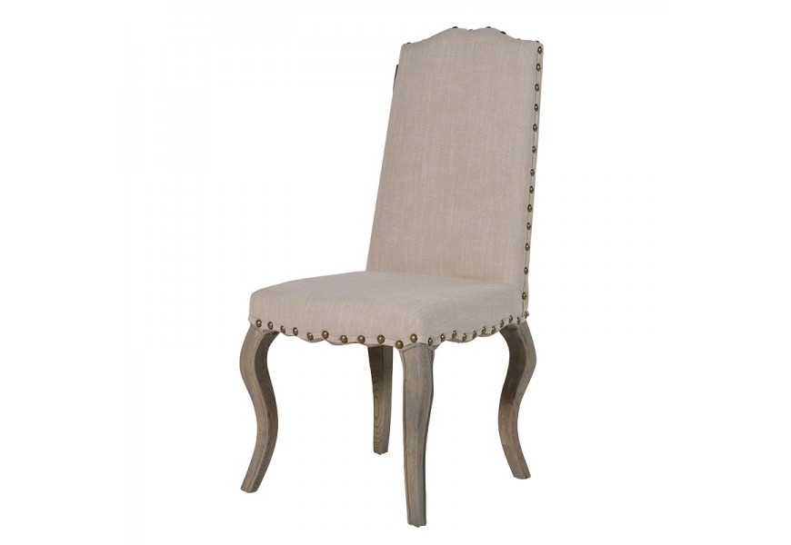 Vidiecka béžová jedálenská stolička Frontera s ľanovým poťahom a nohami z masívneho dreva