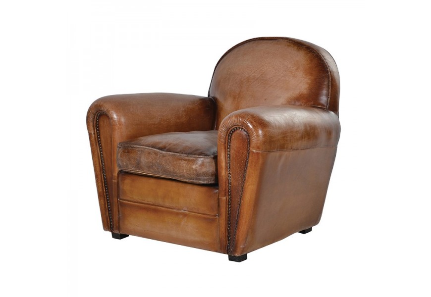 Luxusné koloniálne kreslo Pellia z pravej hovädzej kože hnedé s oblými podrúčkami a oblúkovou opierkou