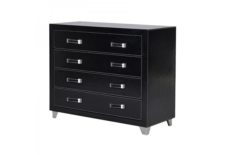 Dizajnová kožená komoda Dandee v štýle art deco v čiernej farbe a krokodílou štruktúrou na ocelových strieborných nožičkách so štyrmi zásuvkami a striebornými úchytmi