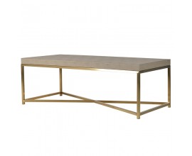 Art-deco béžový konferenčný stolík Faux Shagreen so zlatou kovovou konštrukciou a poťahom zo šagrénovej kože 120 cm