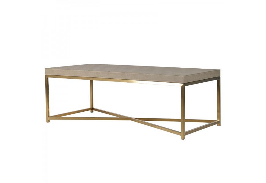 Art-deco béžový konferenčný stolík Faux Shagreen s matnými zlatými nohami 120 cm