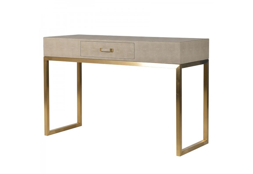 Art-deco béžový konzolový stolík Faux Shagreen s matnými zlatými nohami 120 cm