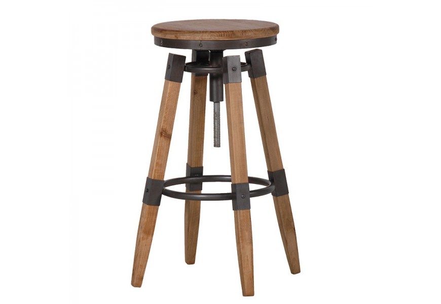 Industriálna drevená barová stolička Dofle s nastaviteľným kruhovým sedadlom 69cm