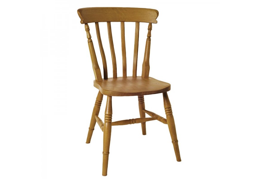 Štýlová koloniálna jedálenská stolička Haag v hnedej farbe z masívneho bukového dreva s hladkým lakovaným povrchom s operadlom z vyrezávaných tyčí