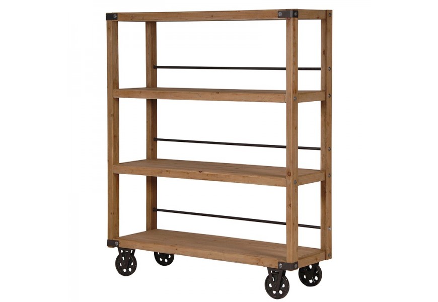 Drevená policová zostava Travie na kolieskach v industriálnom štýle 154cm