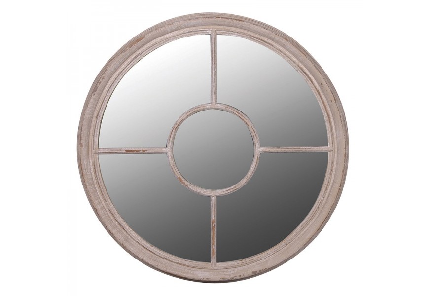 Vintage okrúhle zrkadlo Pana s rámom z dreva taupe sivá 90cm