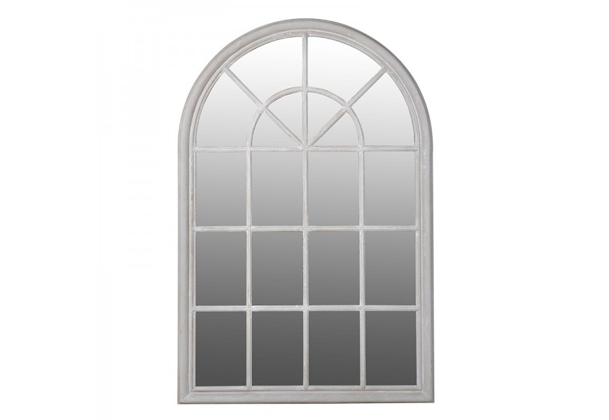 Rustikálne nástenné zrkadlo Ursula poloblúkovitého tvaru s dreveným rámom sivej farby