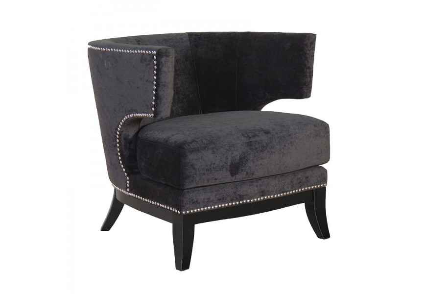 Elegantné zámocké čierne kreslo Frimble zo zamatu a s čiernymi drevenými nohami