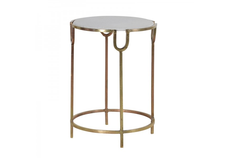 Luxusný okrúhly Art-deco príručný stolík Melis so zlatými nohami a bielou mramorovou doskou