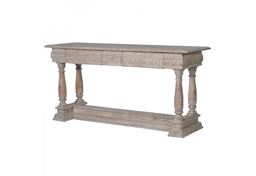 Vintage hnedý konzolový stolík Nature z masívneho akáciového dreva s detailným ornamentálnym vyrezávaním a zásuvkami s patinou