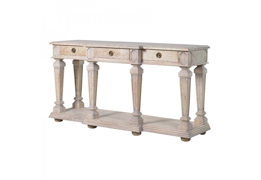 Vintage biely konzolový stolík Nature z masívneho akáciového dreva s tromi zásuvkami vyrezávanými nožičkami a zlatými úchytkami s patinou