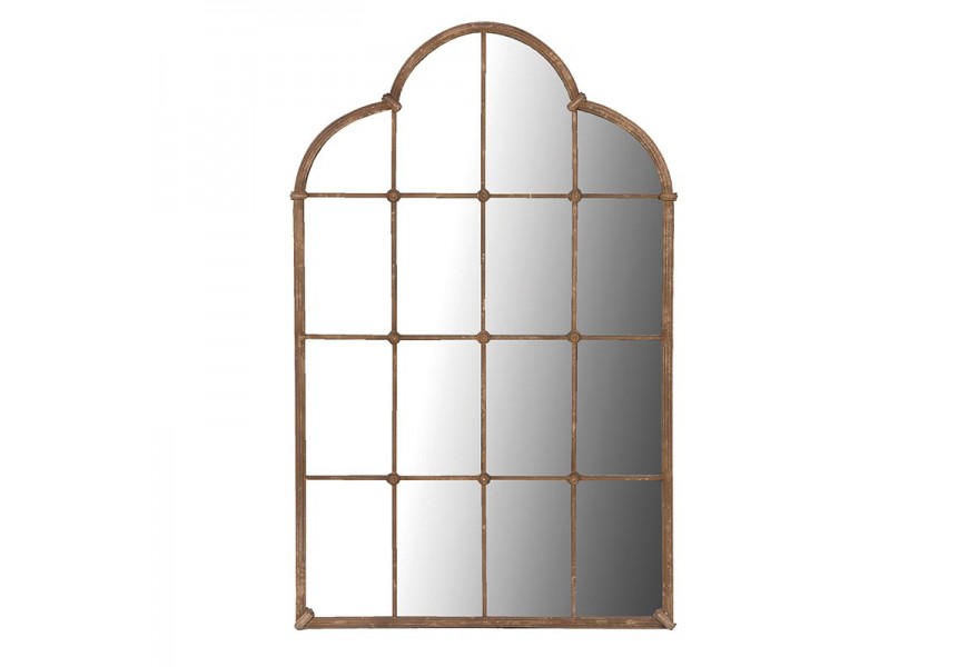 Dizajnové vintage závesné zrkadlo Lattice s rámom z kovu v hnedej farbe s patinou v tvare klenutého tabuľového okna s tromi oblúkmi