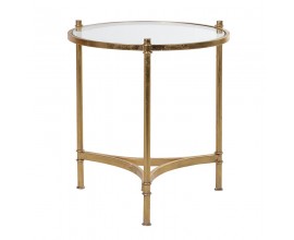 Art deco okrúhly príručný stolík Francine s tromi nožičkami v zlatej farbe so sklenenou vrchnou doskou 45 cm
