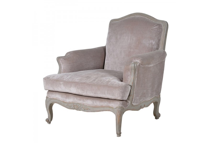 Zámocké bledoružové kreslo Freulin s vyrezávanou konštrukciou z brezového dreva