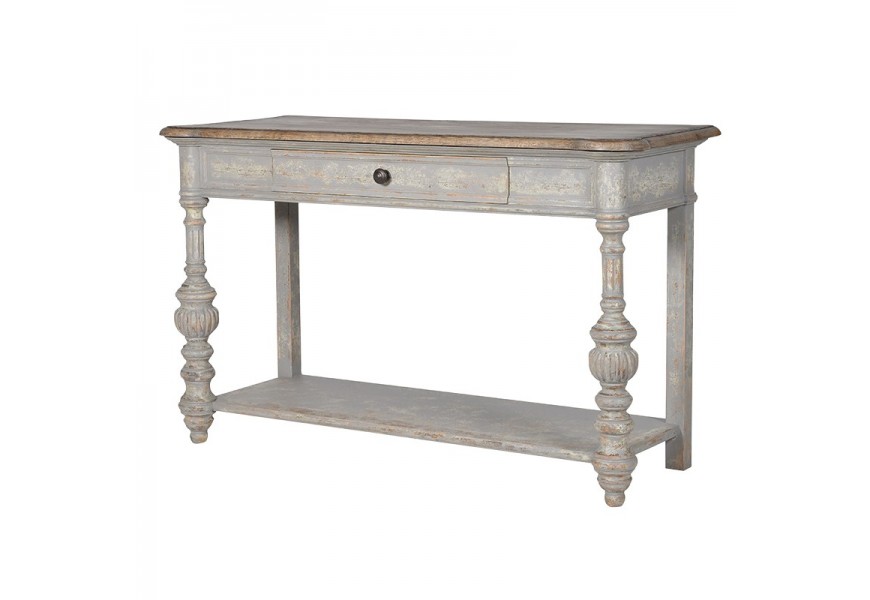 Vidiecka vintage dlhá masívna konzola Frezala v hnedo-šedom odtieni s úložným priestorom