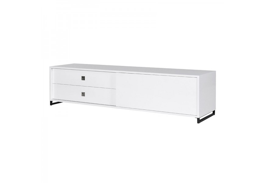 Dizajnový TV stolík Glossa v modernom štýle s úložným priestorom a dvierkami lesklý biely