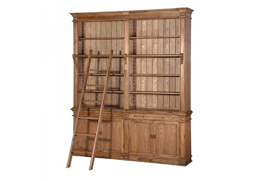 Luxusná rustikálna knižnica Oakley z masívneho dubového dreva hnedej farby s rebríkom