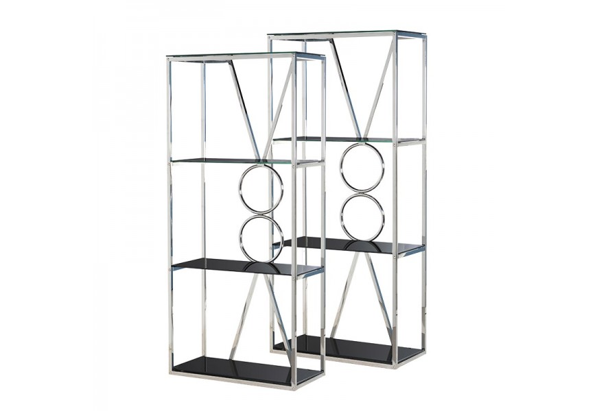 Dvojica chrómových knižníc Mercuria s čiernymi sklenenými policami v Art-deco štýle