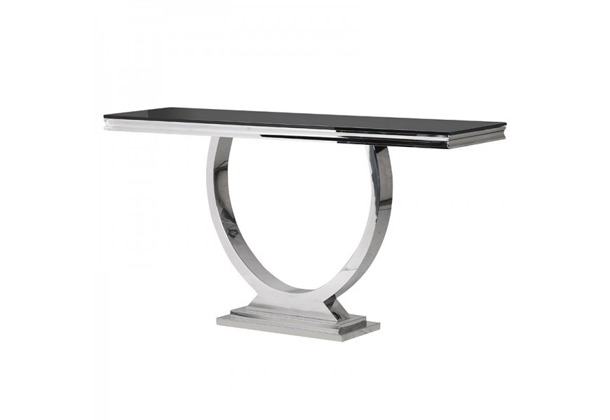 Lesklá čierna sklenená konzola Omega s chrómovou kovovou konštrukciou
