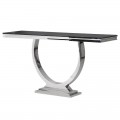 Lesklá čierna sklenená konzola Omega s chrómovou kovovou konštrukciou
