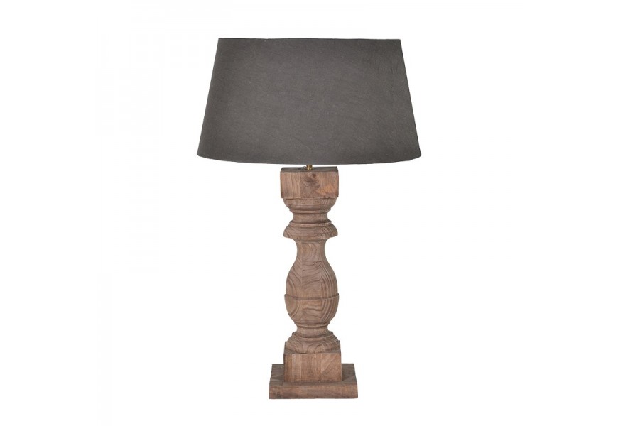 Štýlová koloniálna stolná lampa Chene Vieux s drevenou mangovou nohou v hnedej farbe a bavlneným čiernym tienidlom 79 cm