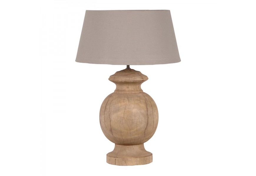 Dizajnová masívna stolná lampa Rondelo s naturálnou svetlou hnedou drevenou podstavou s vyrezávaným zdobením a okrúhlym béžovým ľanovým tienidlom