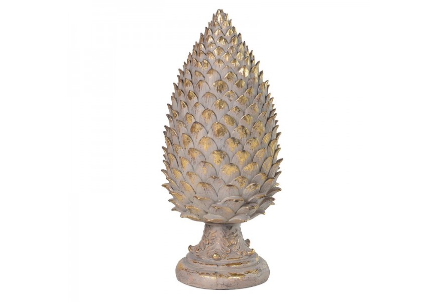 Dizajnová glamour soška Finea v podobe veľkej borovicovej šišky na podstavci v zlatom prevedení s vintage efektom zošúchanej farby