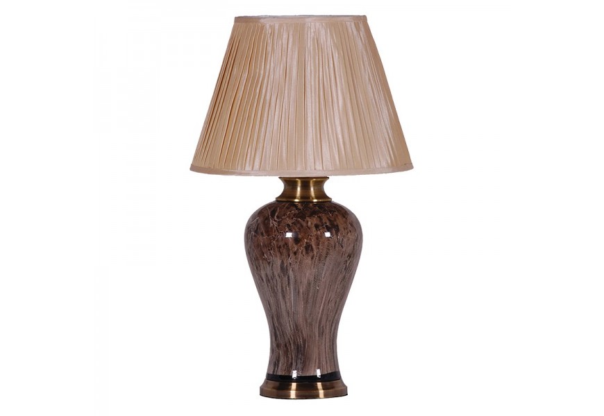 Štýlová keramická stolná lampa Celestia so saténovo pôsobiacim tienidlom a  hnedou podstavou vo vintage štýle