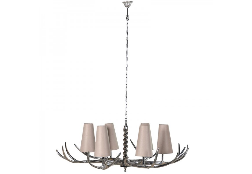 Luxusný vintage luster Paryton so šiestimi béžovými tienidlami s bavlny a dizajnovým hliníkovým jelením parožím strieborná