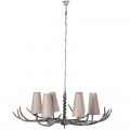 Luxusný vintage luster Paryton so šiestimi béžovými tienidlami s bavlny a dizajnovým hliníkovým jelením parožím strieborná
