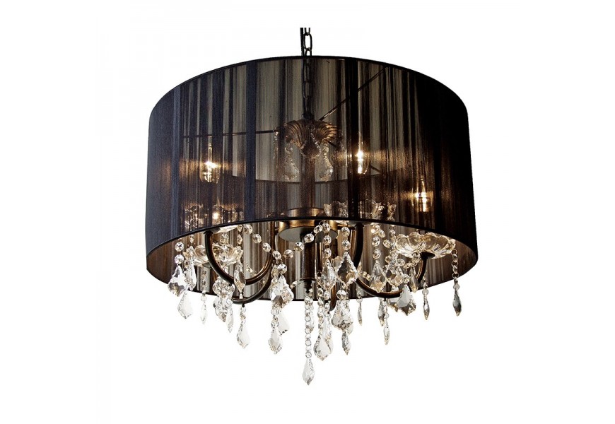 Art deco vintage luster Amedona a čiernym textiln&yacute;m tienidlom a sklenen&yacute;mi ozdobn&yacute;mi reťazami 44cm