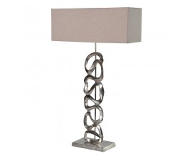 Art deco dizajnová stolná lampa Arty s hliníkovým podstavcom asymetrického tvaru a ľanovým tienidlom v hnedej farbe 99cm