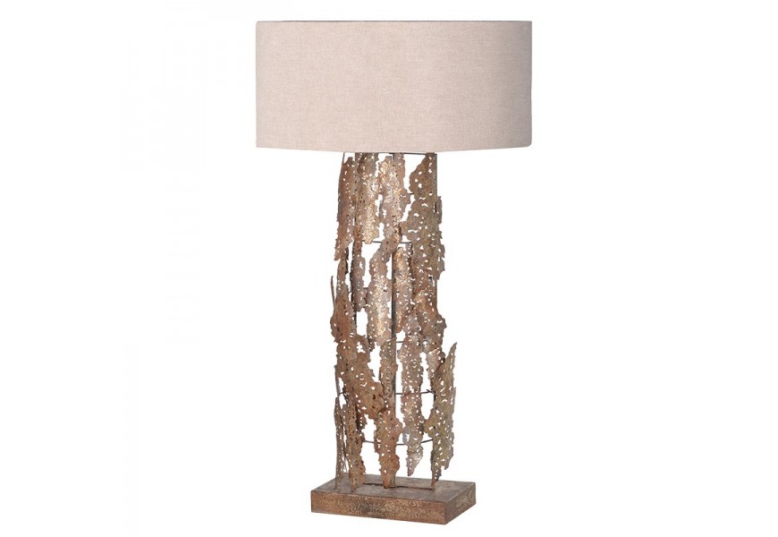 Art deco stoln&aacute; lampa Thema so zlat&yacute;m kovov&yacute;m podstavcom v podobe k&ocirc;ry a okr&uacute;hlym tienidlom v b&eacute;žovej farbe 88cm