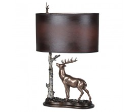 Dizajnová vintage stolná lampa Scenic s motívom stromu a jeleňa v bronzovej a sivej farbe s hnedým koženým tienidlom 66 cm