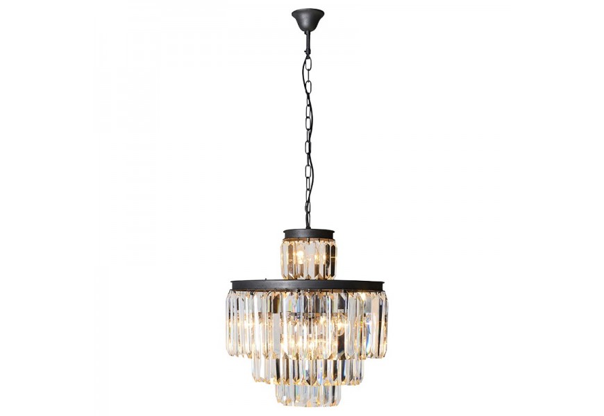 Poschodový krištáľový závesný luster Laila s čiernou matnou kovovou konštrukciou v glamour štýle v okrúhlom tvare