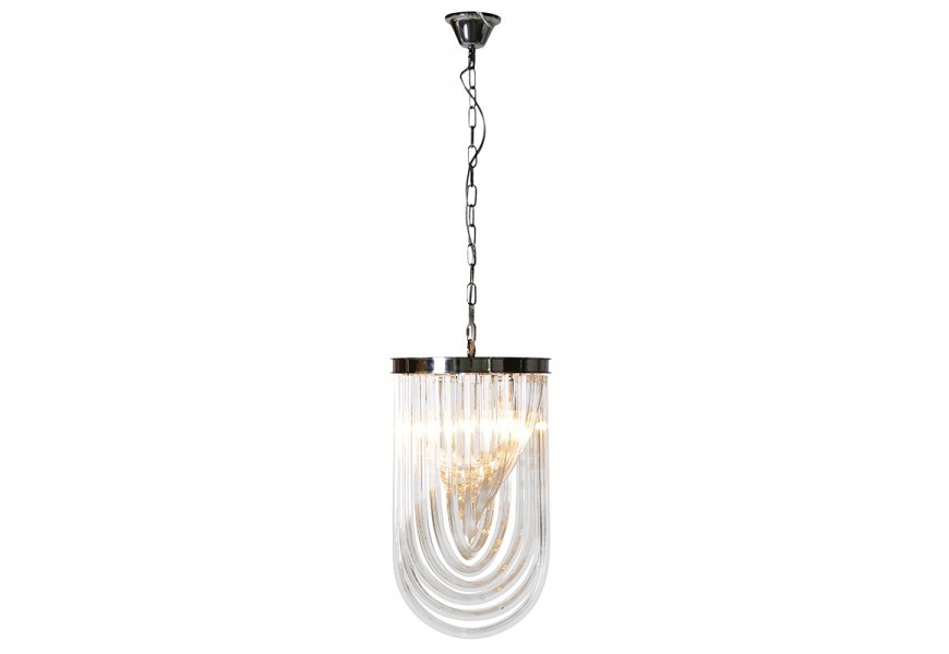 Sklenený zakrivený luster Mellia s čiernou kovovou konštrukciou v art deco štýle v oblúkovom tvare