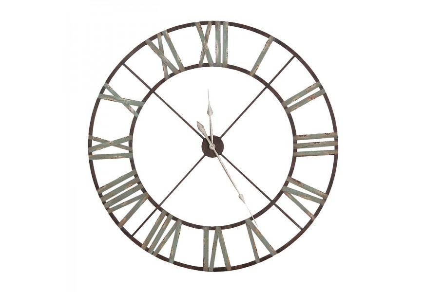 Vintage kovové sivé nástenné závesné hodiny Sindy s patinou a rímskymi číslicami v okrúhlom tvare 122 cm