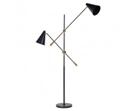 Industriálna čierna kovová stojaca lampa Twin s dvomi nastaviteľnými ramenami so zlatými detailmi s dvomi žiarovkami