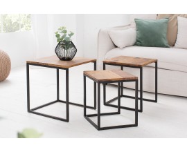 Industriálna sada troch štvorcových masívnych príručných stolíkov Fusion s hnedou doskou a kovovou čiernou konštrukciou 40 cm
