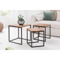 Industriálna sada troch štvorcových masívnych príručných stolíkov Fusion s hnedou doskou a kovovou čiernou konštrukciou 40 cm