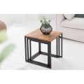 Industriálna sada troch štvorcových masívnych príručných stolíkov Fusion s hnedou doskou a kovovou čiernou konštrukciou 40 cm