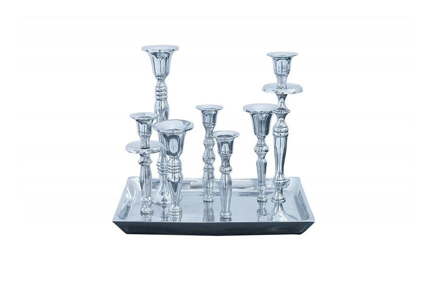 Art deco zámocký chrómový svietnik Celeste so siedmimi vysokými držiakmi na sviečky a obdĺžnikovou podstavou so šikmými okrajmi